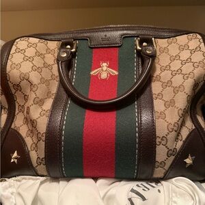 Gucci Beige GG Supreme Canvas Satchel with Green & Red Stripe and Brown Leather